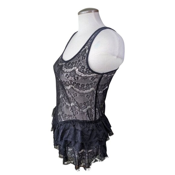 Ella Moss Womens Sheer Lace Tank Top Small Black Tiered Peplum Whimsigoth Witchy - Picture 3 of 5